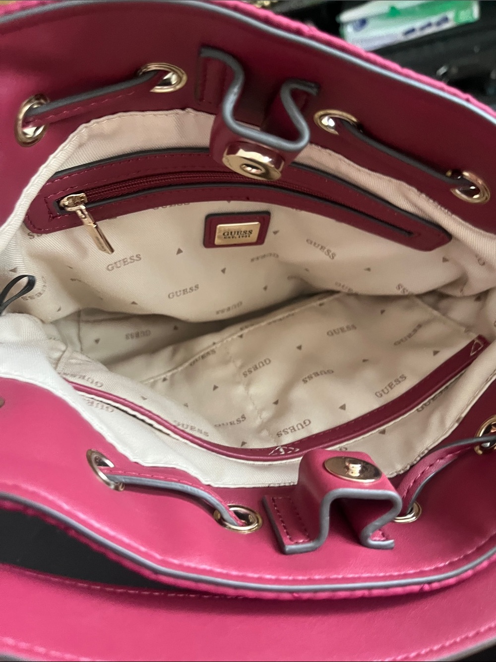 GUESS Quilted Drawstring Crossbody Bag - Raspberry - Picture 7 of 7